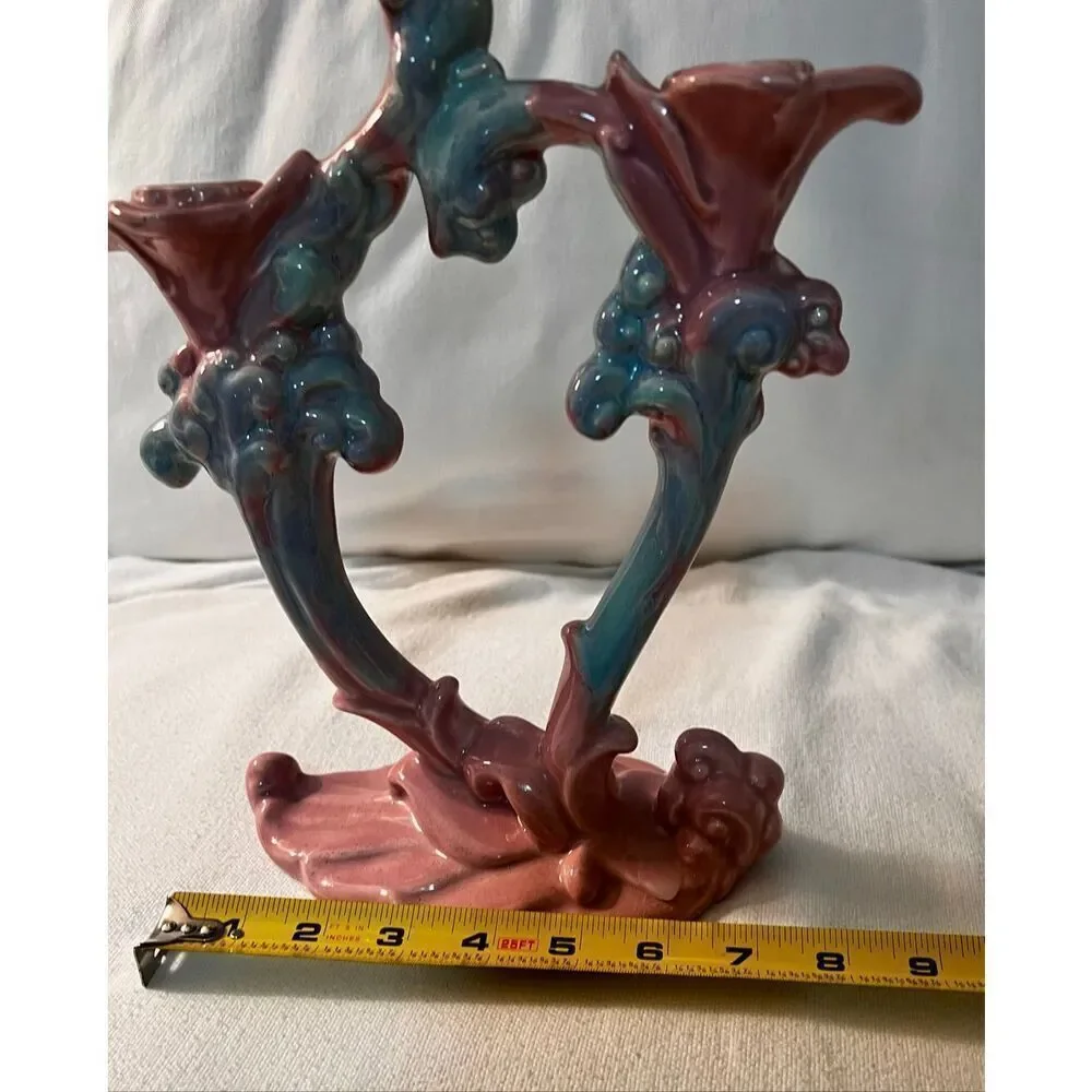 Vintage Royal Haeger Mauve Agate Twin Stalk Candle Holder Pink Blue Marble Glaze
